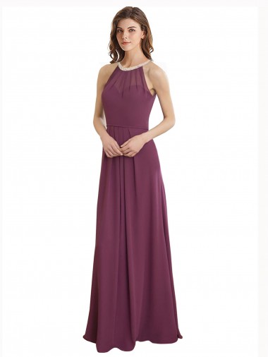 A-Linien Stehkragen Ausschnitt Chiffon Lange Brautjungfernkleider Hersteller