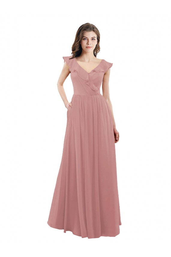 Altrosa A-Linien V-Ausschnitt Chiffon Lange Brautjungfernkleider Hersteller