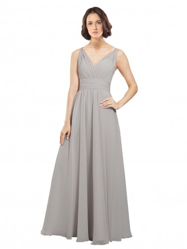 Austernsilber A-Linien V-Ausschnitt Chiffon Lange Brautjungfernkleider Hersteller