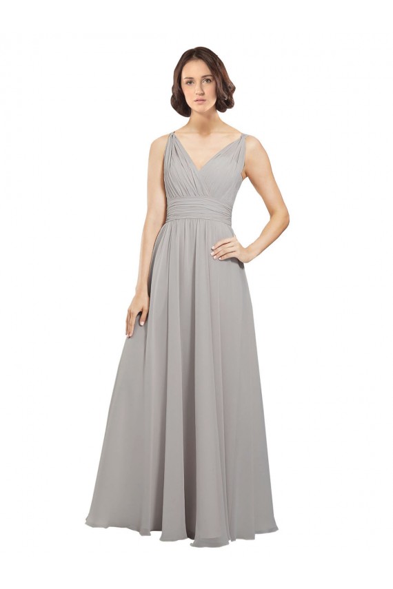 Austernsilber A-Linien V-Ausschnitt Chiffon Lange Brautjungfernkleider Hersteller