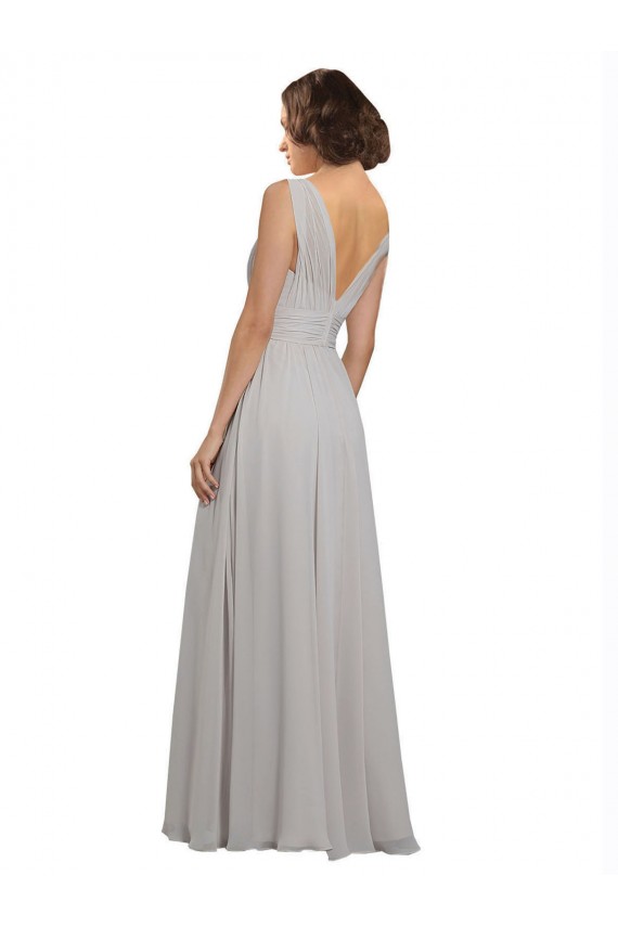 Austernsilber A-Linien V-Ausschnitt Chiffon Lange Brautjungfernkleider Hersteller