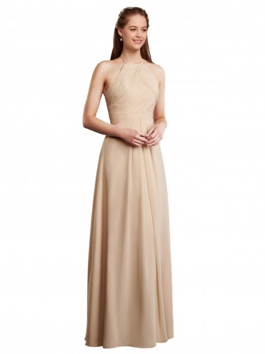 Champagner A-Linien Neckholder Chiffon Lange Brautjungfernkleider Hersteller