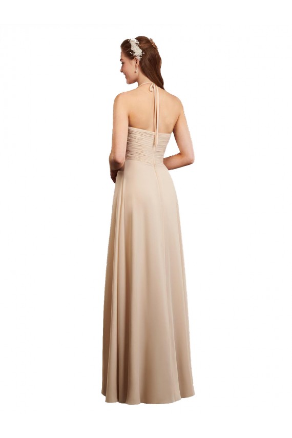 Champagner A-Linien Neckholder Chiffon Lange Brautjungfernkleider Hersteller