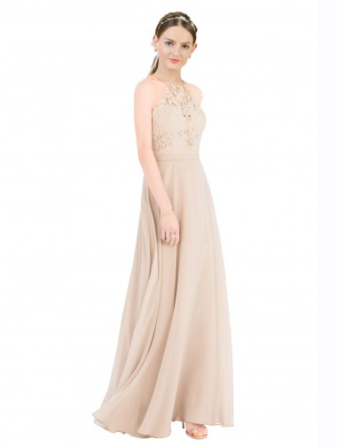 Champagner A-Linien Neckholder Stehkragen Ausschnitt Chiffon Spitze Lange Brautjungfernkleider / Abiballkleider Hersteller