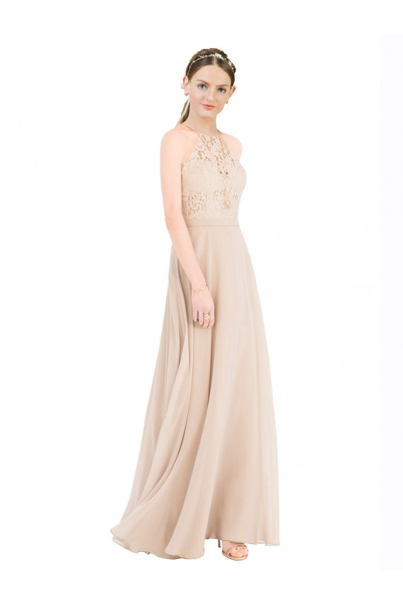 Champagner A-Linien Neckholder Stehkragen Ausschnitt Chiffon Spitze Lange Brautjungfernkleider / Abiballkleider Hersteller