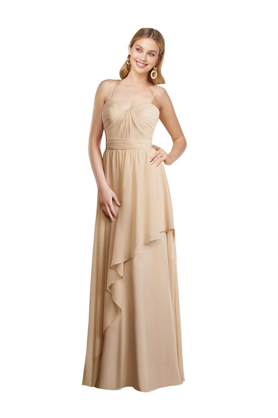 Champagner A-Linien Spaghetti-Träger Chiffon Lange Brautjungfernkleider Hersteller