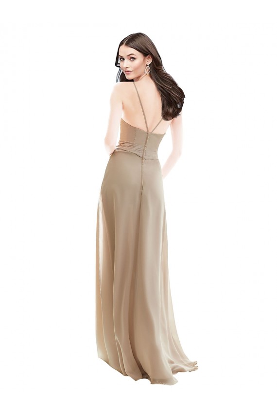 Champagner A-Linien Stehkragen Ausschnitt Chiffon Lange Brautjungfernkleider Hersteller