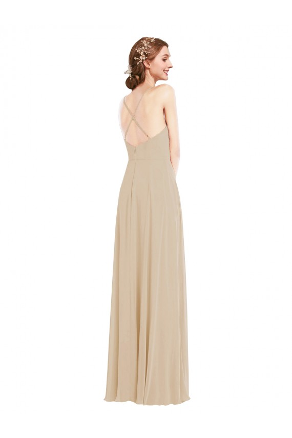 Champagner A-Linien V-Ausschnitt Chiffon Lange Brautjungfernkleider Hersteller