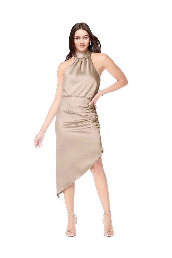 Champagner Rosa A-Linien Neckholder Midi Seidiger Satin Kurze Brautjungfernkleider / Abiballkleider / Cocktailkleider / Heimkehr Kleider Hersteller