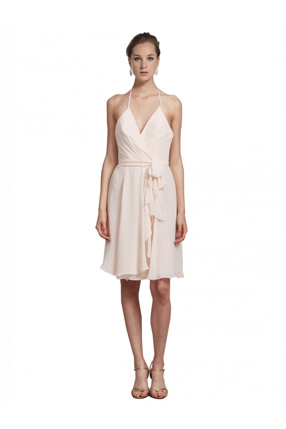 Creme Rosa A-Linien Neckholder V-Ausschnitt Knielang Chiffon Kurze Brautjungfernkleider / Cocktailkleider / Heimkehr Kleider Hersteller