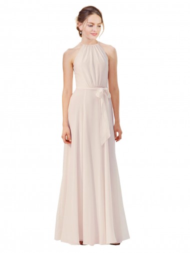 Creme Rosa A-Linien Stehkragen Ausschnitt Chiffon Lange Brautjungfernkleider Hersteller