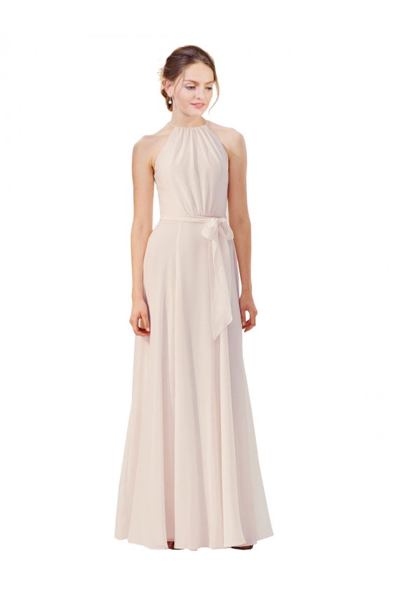 Creme Rosa A-Linien Stehkragen Ausschnitt Chiffon Lange Brautjungfernkleider Hersteller