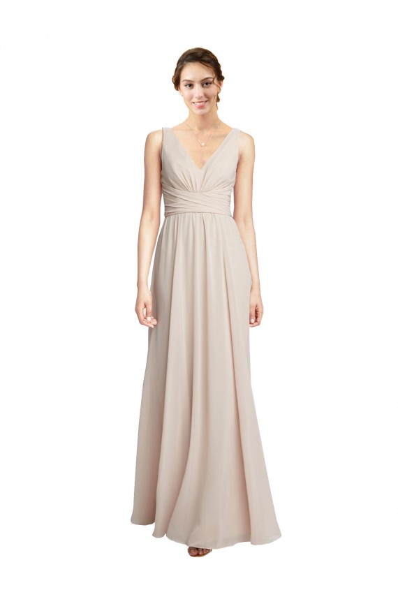 Creme Rosa A-Linien V-Ausschnitt Chiffon Lange Brautjungfernkleider Hersteller