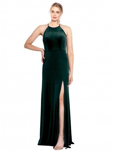 Dunkelgrün A-Linien Spaghetti-Träger Jewel Neck Stretch-Samt Lange Brautjungfernkleider / Abiballkleider Hersteller