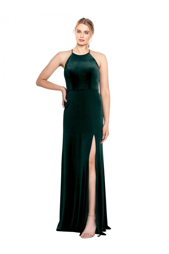 Dunkelgrün A-Linien Spaghetti-Träger Jewel Neck Stretch-Samt Lange Brautjungfernkleider / Abiballkleider Hersteller
