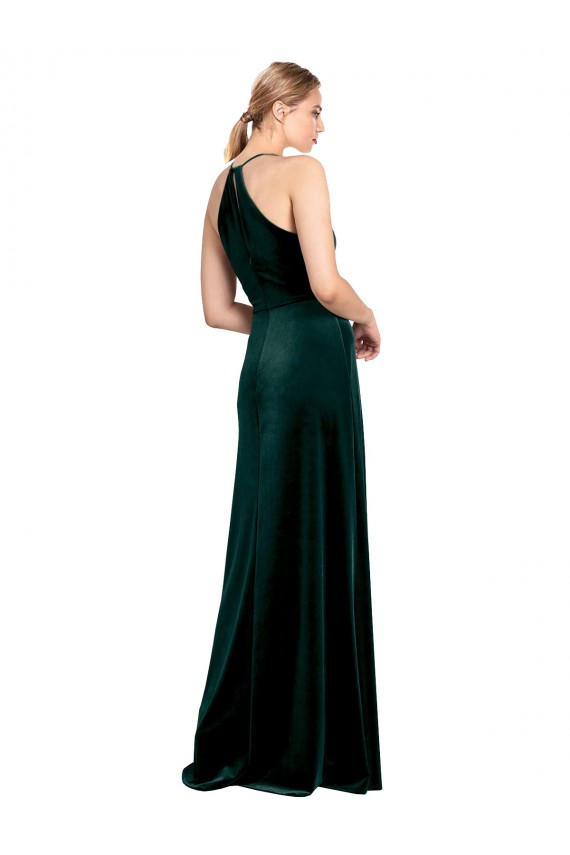 Dunkelgrün A-Linien Spaghetti-Träger Jewel Neck Stretch-Samt Lange Brautjungfernkleider / Abiballkleider Hersteller