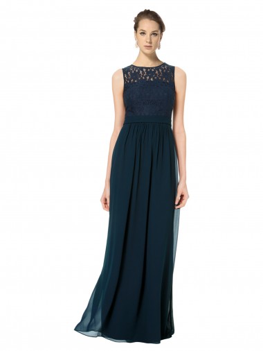 Dunkelmarine A-Linien Illusion Ausschnitt Chiffon Spitze Lange Brautjungfernkleider Hersteller