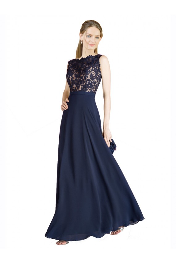 Dunkelmarine A-Linien Illusion Ausschnitt Chiffon Spitze Lange Brautjungfernkleider / Abiballkleider Hersteller
