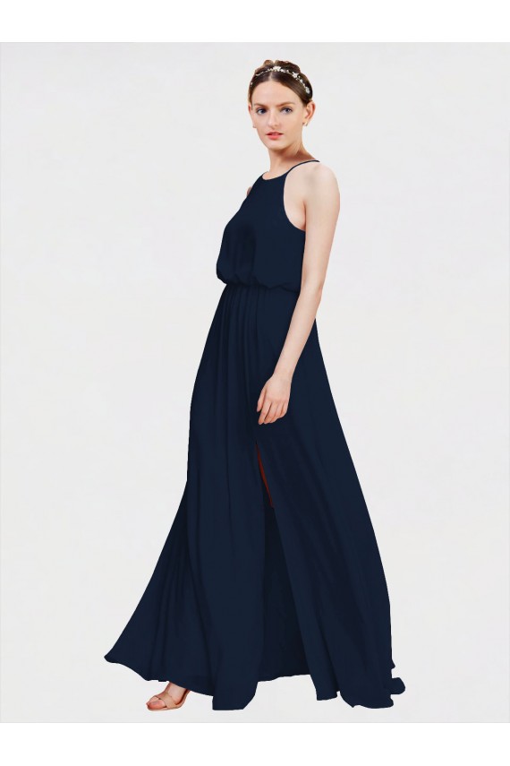 Dunkelmarine A-Linien Neckholder Chiffon Lange Brautjungfernkleider Hersteller