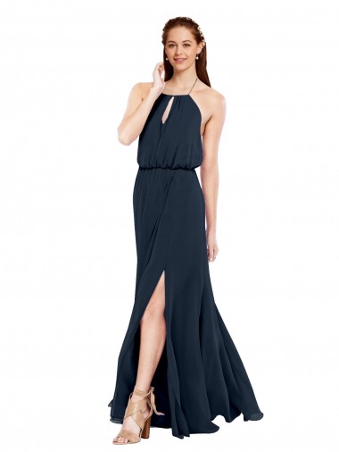 Dunkelmarine A-Linien Neckholder Chiffon Lange Brautjungfernkleider Hersteller