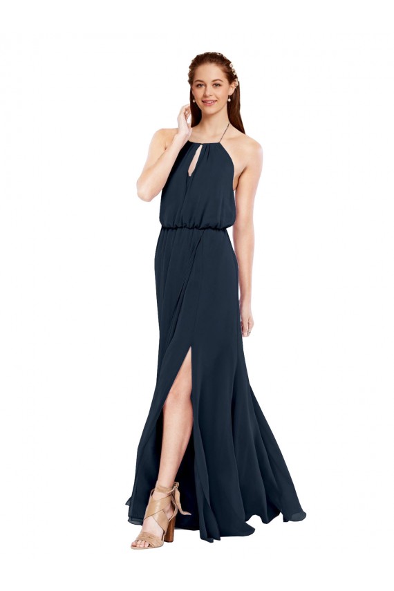 Dunkelmarine A-Linien Neckholder Chiffon Lange Brautjungfernkleider Hersteller