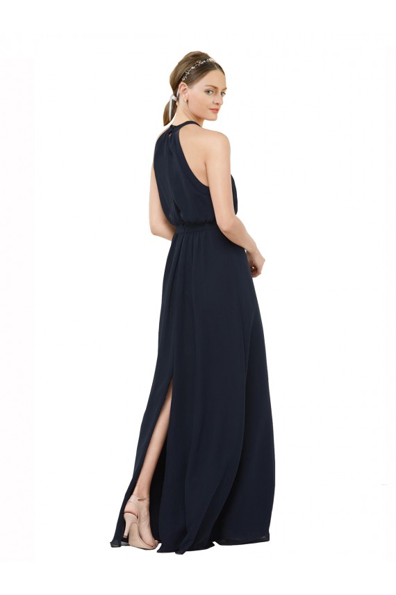 Dunkelmarine A-Linien Neckholder Stehkragen Ausschnitt Chiffon Lange Brautjungfernkleider Hersteller