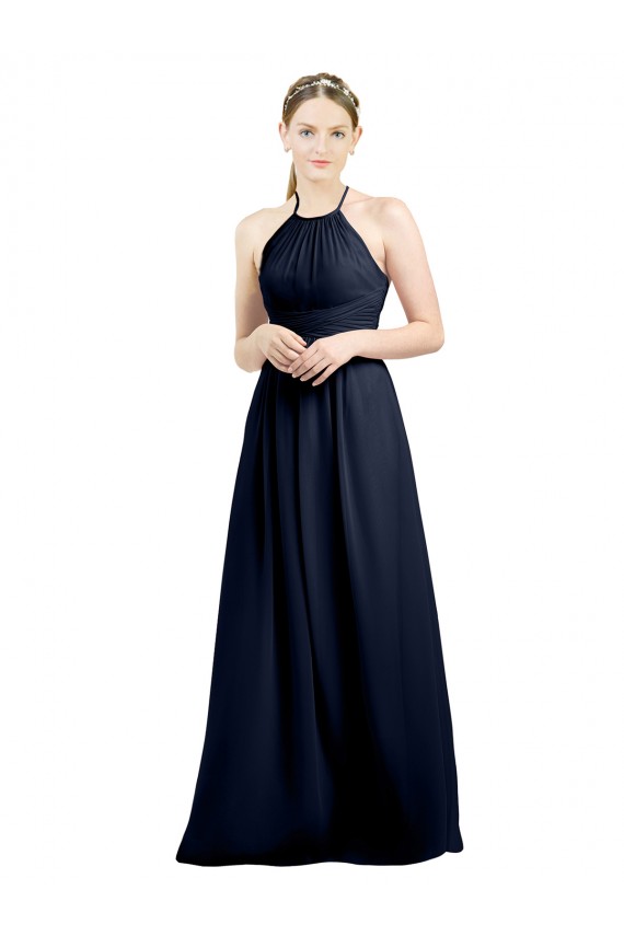 Dunkelmarine A-Linien Neckholder Stehkragen Ausschnitt Chiffon Lange Brautjungfernkleider Hersteller