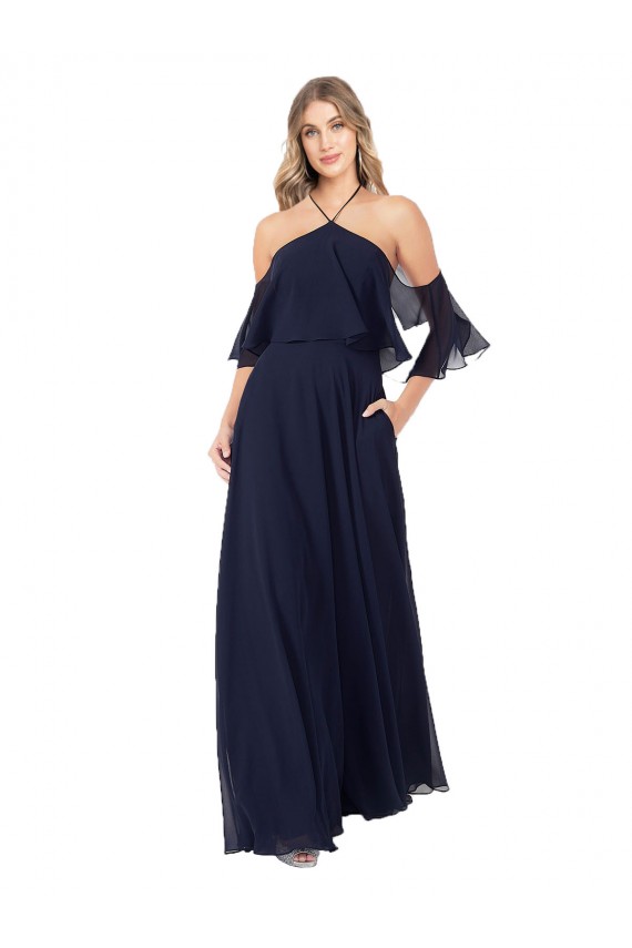 Dunkelmarine A-Linien Neckholder Stehkragen Ausschnitt Chiffon Lange Brautjungfernkleider Hersteller