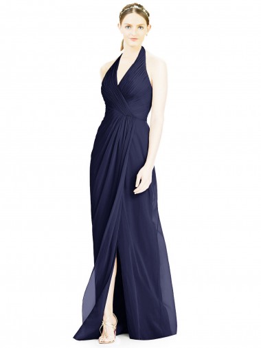 Dunkelmarine A-Linien Neckholder V-Ausschnitt Chiffon Lange Brautjungfernkleider Hersteller