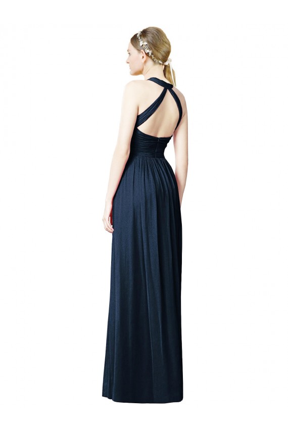 Dunkelmarine A-Linien Neckholder V-Ausschnitt Chiffon Lange Brautjungfernkleider Hersteller