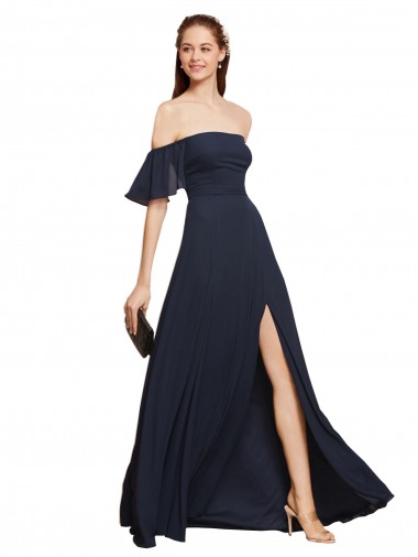Dunkelmarine A-Linien Off-Schulter Chiffon Lange Brautjungfernkleider / Abiballkleider Hersteller