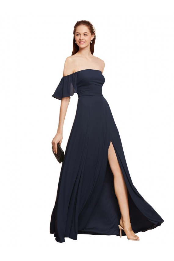 Dunkelmarine A-Linien Off-Schulter Chiffon Lange Brautjungfernkleider / Abiballkleider Hersteller