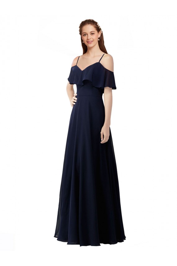 Dunkelmarine A-Linien Off-Schulter V-Ausschnitt Chiffon Lange Brautjungfernkleider Hersteller