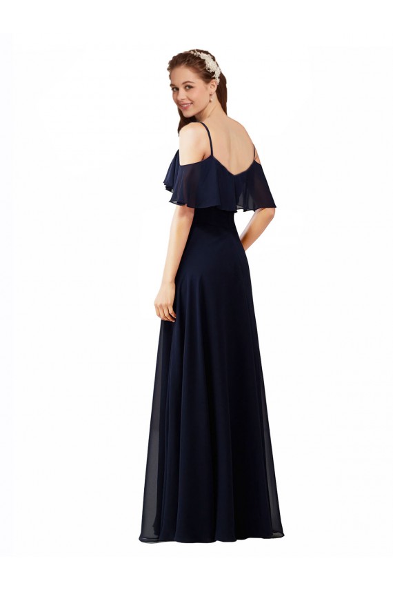 Dunkelmarine A-Linien Off-Schulter V-Ausschnitt Chiffon Lange Brautjungfernkleider Hersteller
