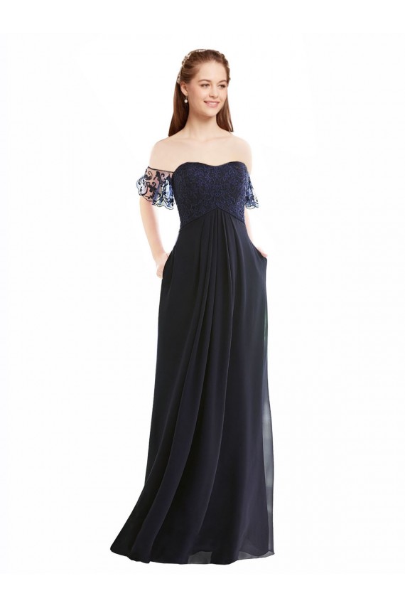 Dunkelmarine A-Linien Off-Schulter V-Ausschnitt Chiffon Spitze Lange Brautjungfernkleider Hersteller