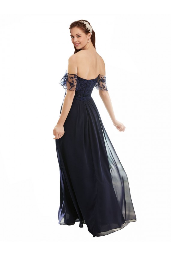 Dunkelmarine A-Linien Off-Schulter V-Ausschnitt Chiffon Spitze Lange Brautjungfernkleider Hersteller