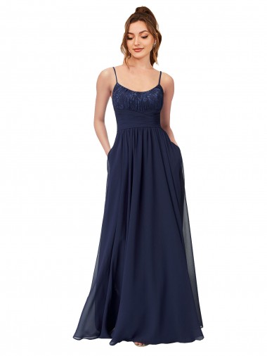 Dunkelmarine A-Linien Scoop Chiffon Spitze Lange Brautjungfernkleider Hersteller
