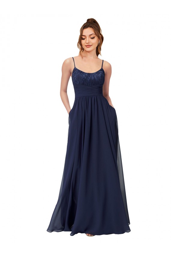 Dunkelmarine A-Linien Scoop Chiffon Spitze Lange Brautjungfernkleider Hersteller