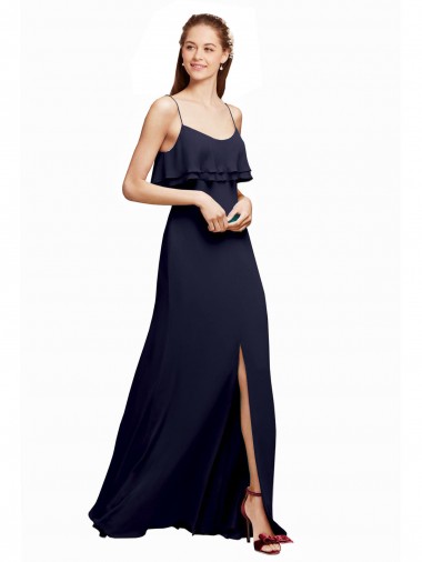 Dunkelmarine A-Linien Spaghetti-Träger Scoop Chiffon Lange Brautjungfernkleider Hersteller