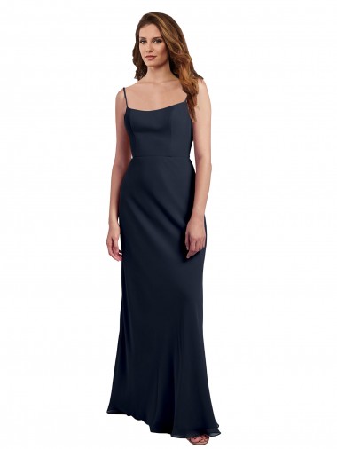 Dunkelmarine A-Linien Spaghetti-Träger Scoop Chiffon Lange Brautjungfernkleider Hersteller