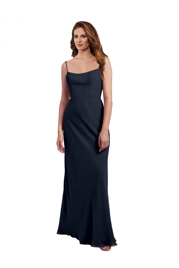 Dunkelmarine A-Linien Spaghetti-Träger Scoop Chiffon Lange Brautjungfernkleider Hersteller