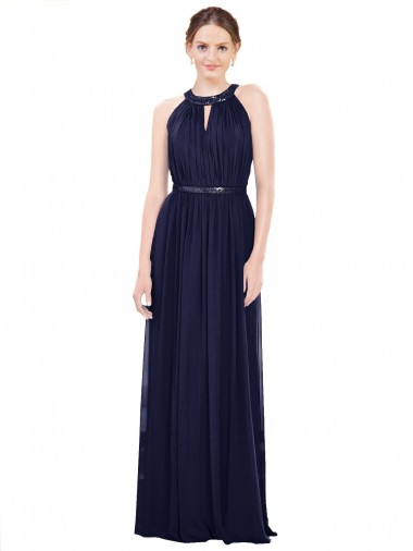 Dunkelmarine A-Linien Stehkragen Ausschnitt Chiffon Lange Brautjungfernkleider Hersteller