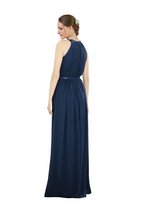 Dunkelmarine A-Linien Stehkragen Ausschnitt Chiffon Lange Brautjungfernkleider Hersteller