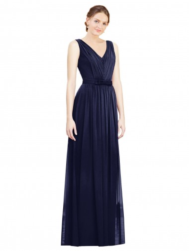 Dunkelmarine A-Linien V-Ausschnitt Chiffon Lange Brautjungfernkleider Hersteller
