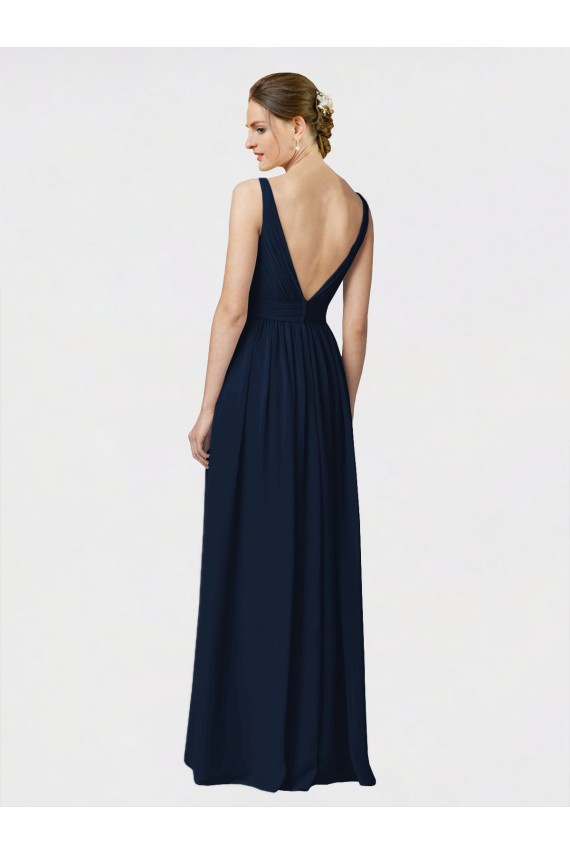 Dunkelmarine A-Linien V-Ausschnitt Chiffon Lange Brautjungfernkleider Hersteller