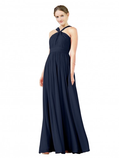 Dunkelmarine A-Linien V-Ausschnitt Chiffon Lange Brautjungfernkleider Hersteller