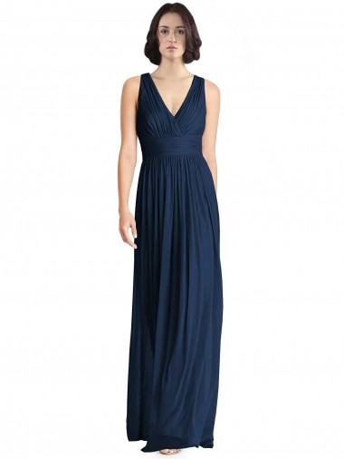 Dunkelmarine A-Linien V-Ausschnitt Chiffon Lange Brautjungfernkleider Hersteller