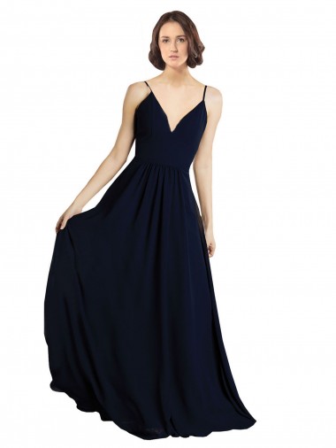 Dunkelmarine A-Linien V-Ausschnitt Chiffon Lange Brautjungfernkleider Hersteller