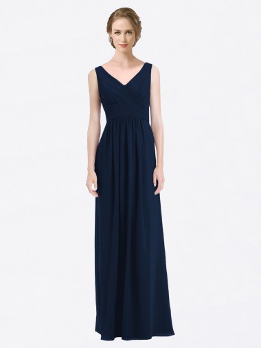Dunkelmarine A-Linien V-Ausschnitt Chiffon Lange Brautjungfernkleider Hersteller