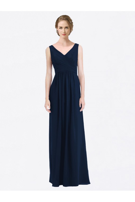Dunkelmarine A-Linien V-Ausschnitt Chiffon Lange Brautjungfernkleider Hersteller
